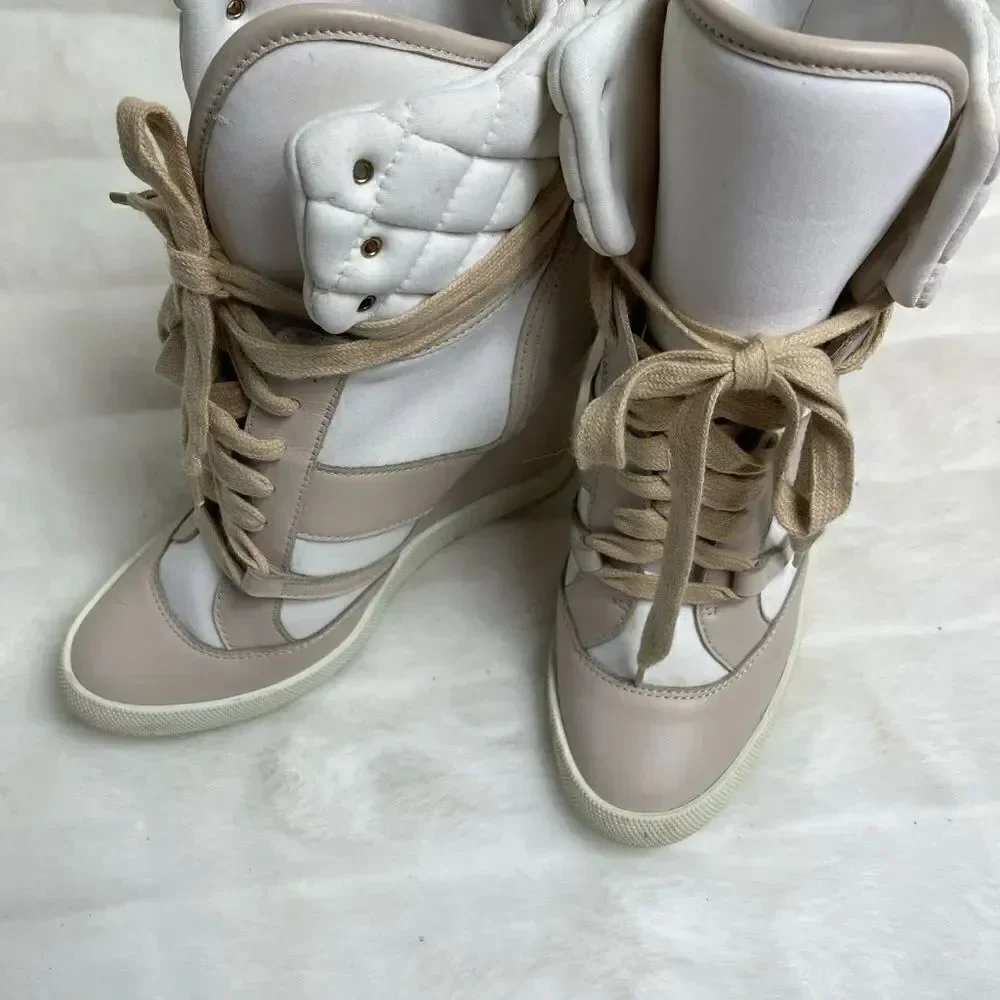 Chloe high top wedge sneakers in white suede and tan leather trim size E…